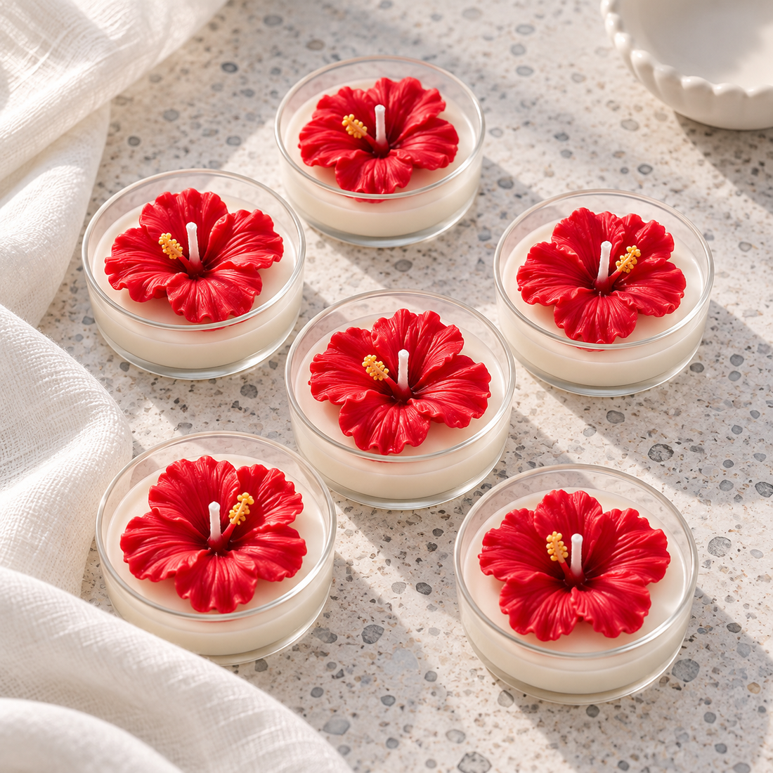 Hibiscus Flower Tealight Candles | Set of 6 | Festive Decorative Candles