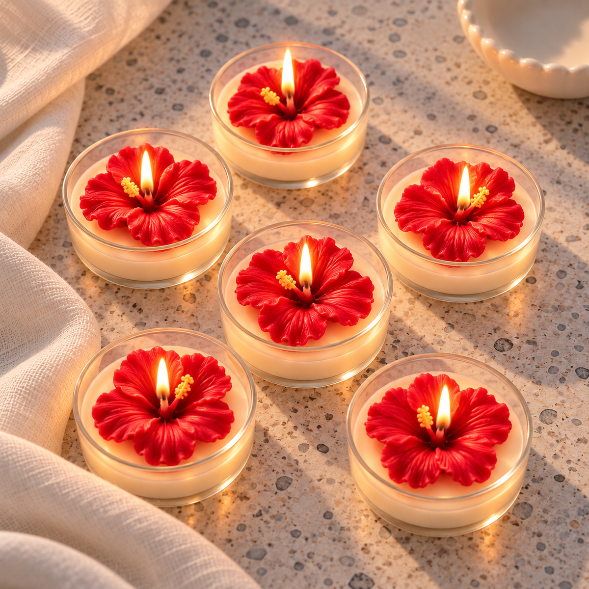 Hibiscus Flower Tealight Candles | Set of 6 | Festive Decorative Candles