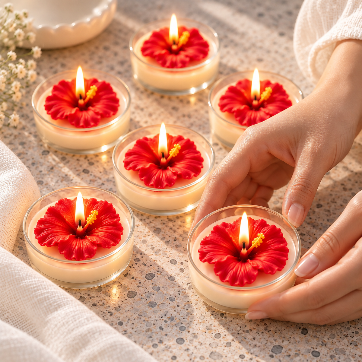 Hibiscus Flower Tealight Candles | Set of 6 | Festive Decorative Candles