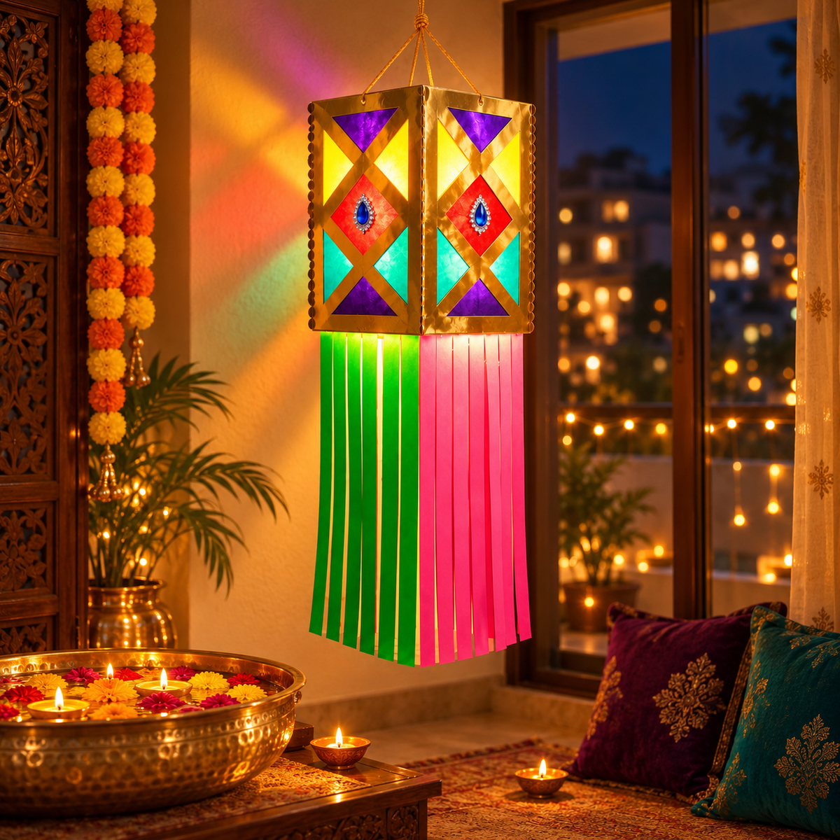 Ornate Geometric Golden Festive Hanging Kandil | Traditional Diwali Décor