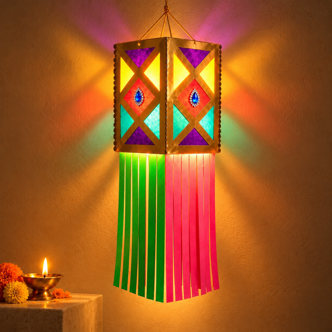 Ornate Geometric Golden Festive Hanging Kandil | Traditional Diwali Décor