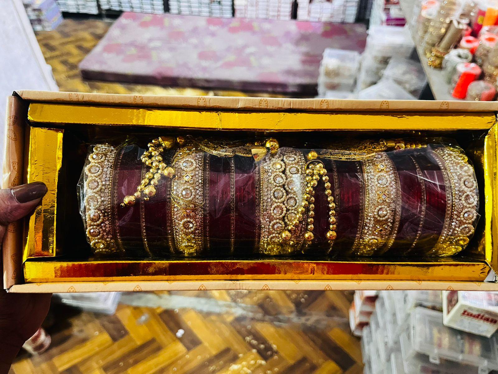 Stone Work Maroon Chuda Set